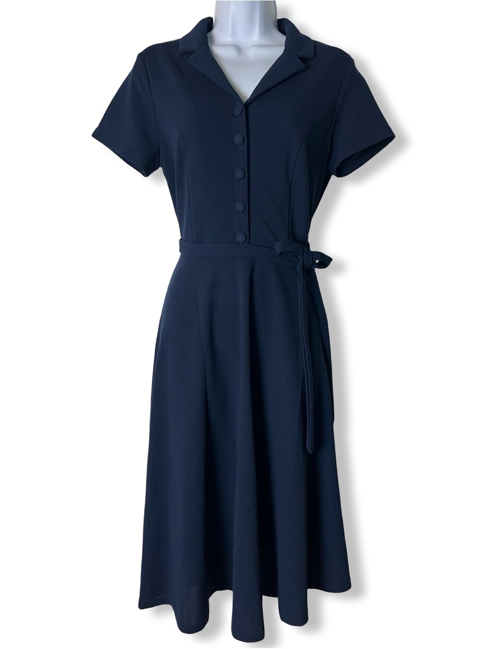 Wedtrend Womens Vintage 1950s Tea Swing Dress Belted Notch Collar Navy Midi Sz M